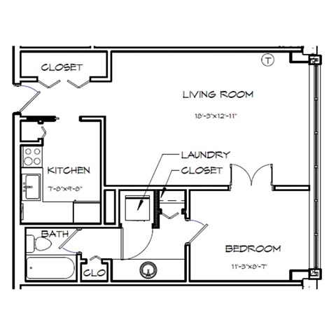 A floor plan of a small apartment with a living room, kitchen, bathroom, and bedroom.